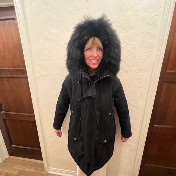 The Kooples Technical Cotton Parka with  Raccoon Fur Hood Coat Black Medium - Picture 4 of 11